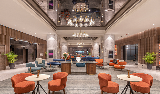 Elegant Lobby at President Mumbai, IHCL SeleQtions Luxurious hotel lobby with modern decor and plush seating area at President Mumbai, IHCL SeleQtions, a 5-star hotel in Cuffe Parade.